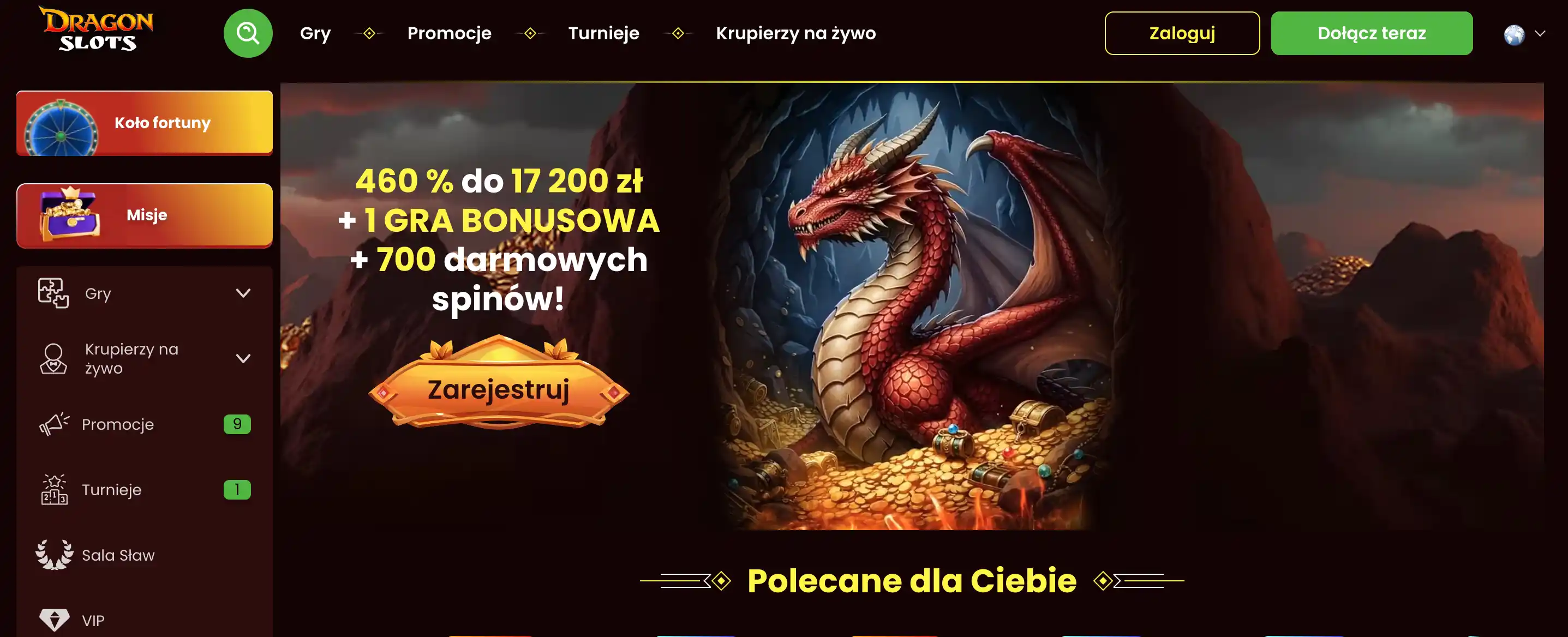 Zrzut ekranu strony głównej Dragon Slots Casino