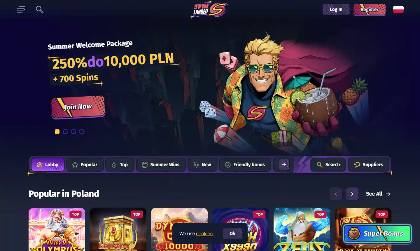 Zrzut ekranu strony głównej Spinlander Casino