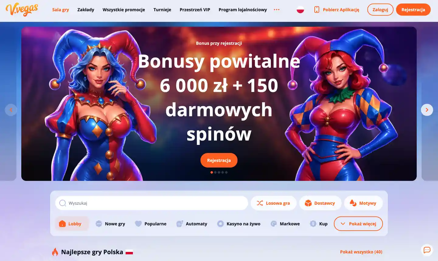 Zrzut ekranu strony głównej V.Vegas Casino